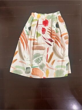 T Tahari Cream A-Line Skirt with Abstract Multi-Color Brushstroke Print